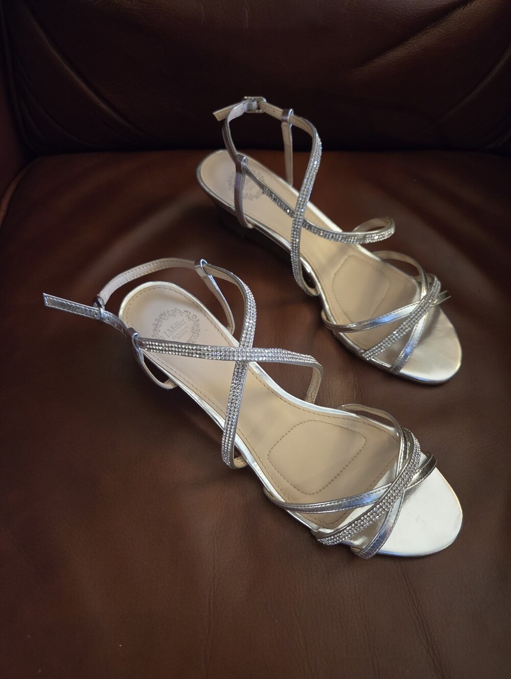 Silver Strappy Wedge Sandals with Rhinestone Accents